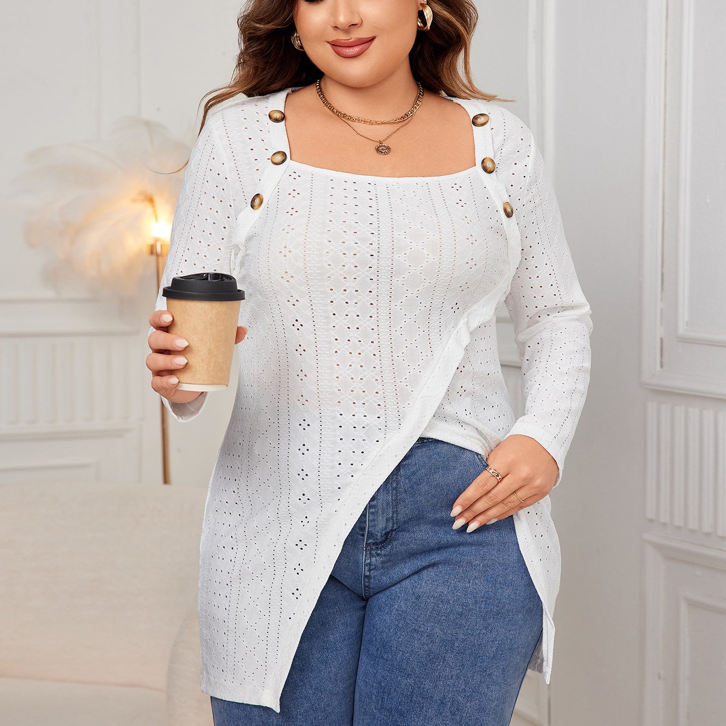 Plus Size White Long Sleeve Square Neck Asymmetric Hem Loose Shirt