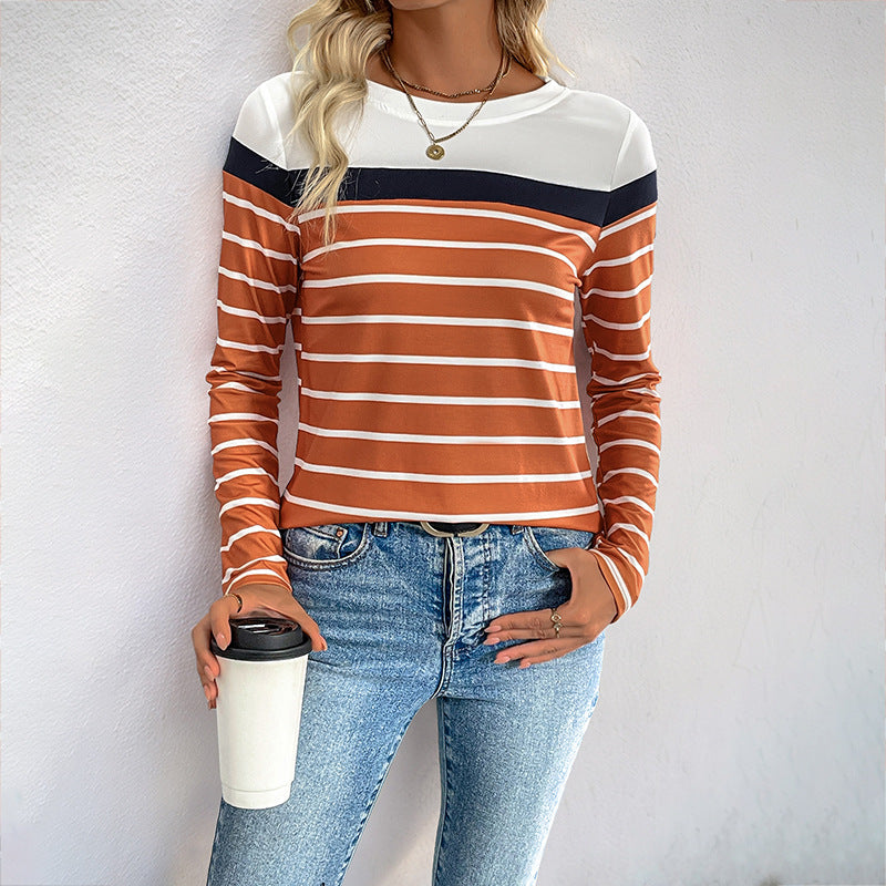 Casual Long Sleeve round Neck Striped T shirt  Shop One Place