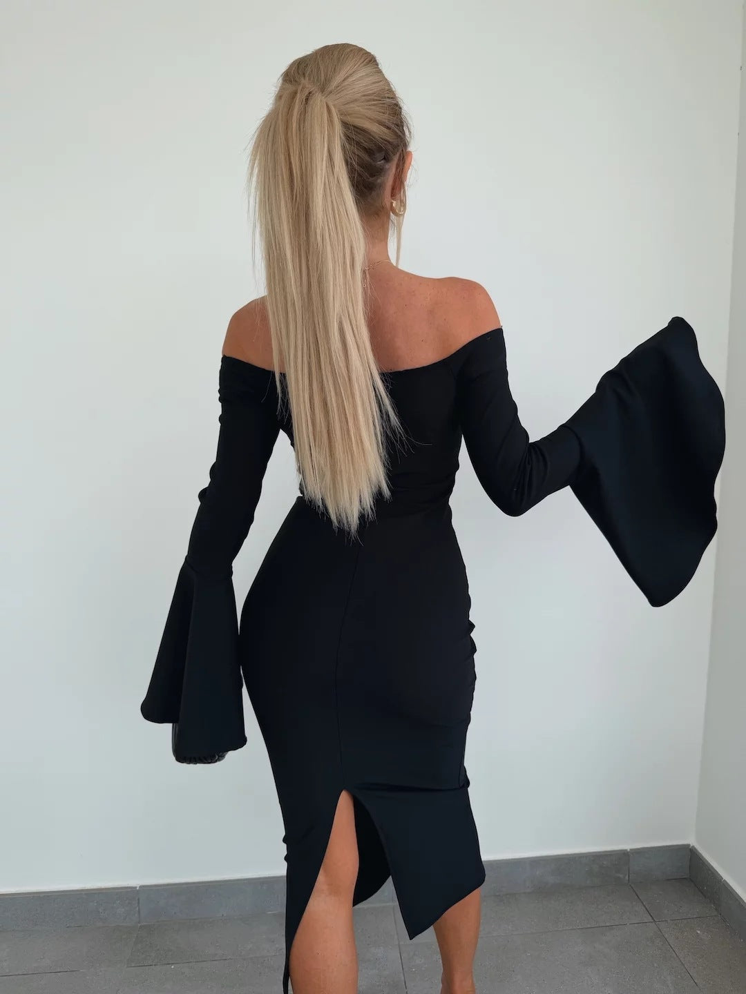 Slim off Shoulder Flared Long Sleeves Dress  Shop One Place