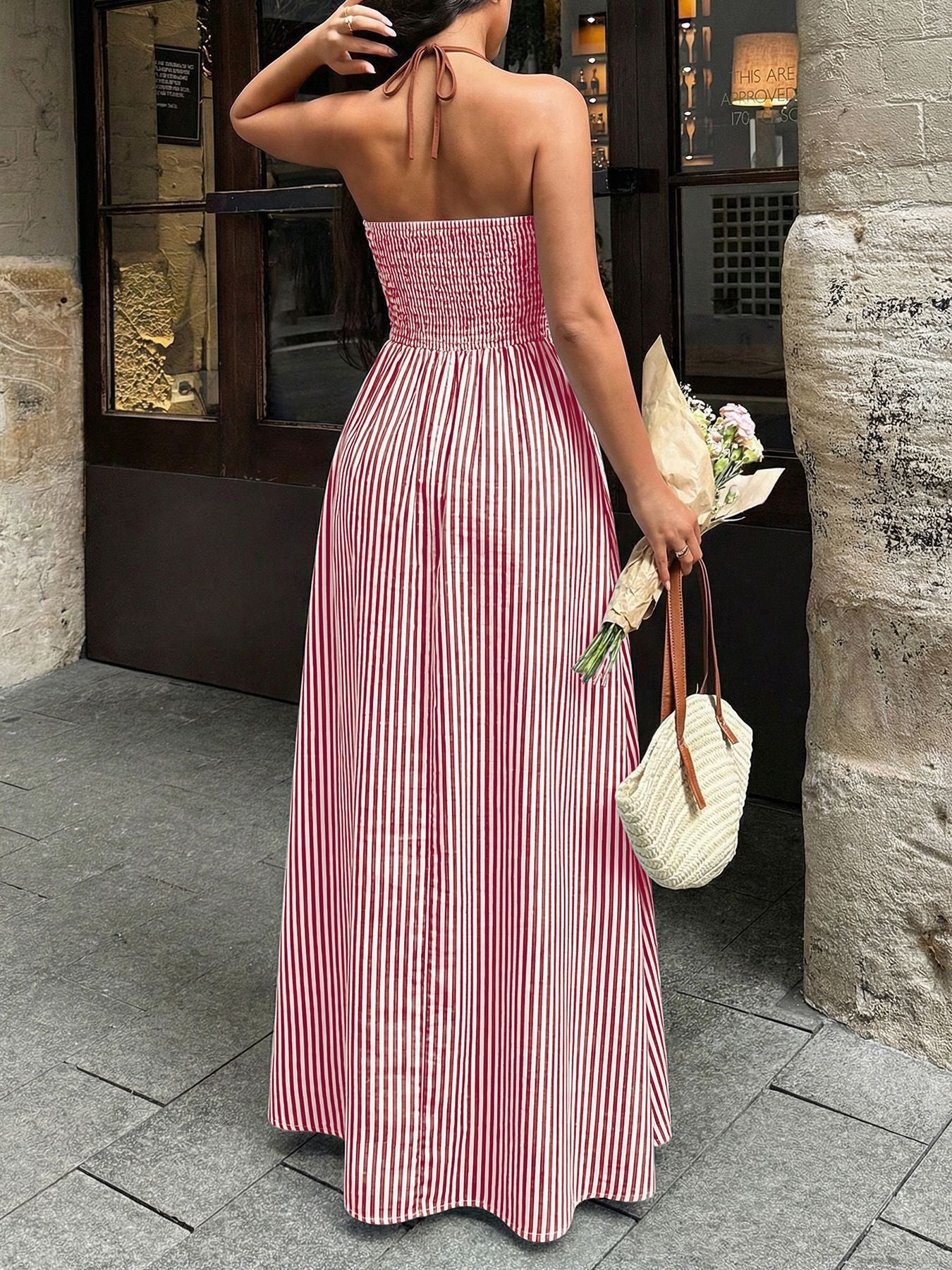 Summer V neck Striped Holiday Dress Elegant Backless Sleeveless Halter Maxi Dress Women  Shop One Place