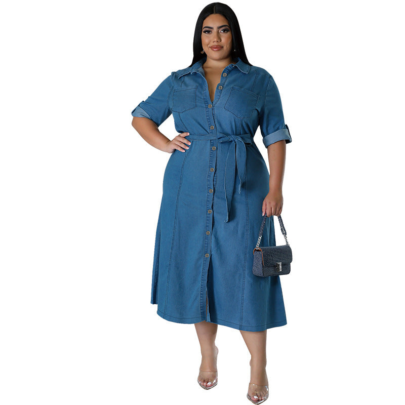 Plus Size Denim Collared Long Sleeve Tied Mid Length Dress