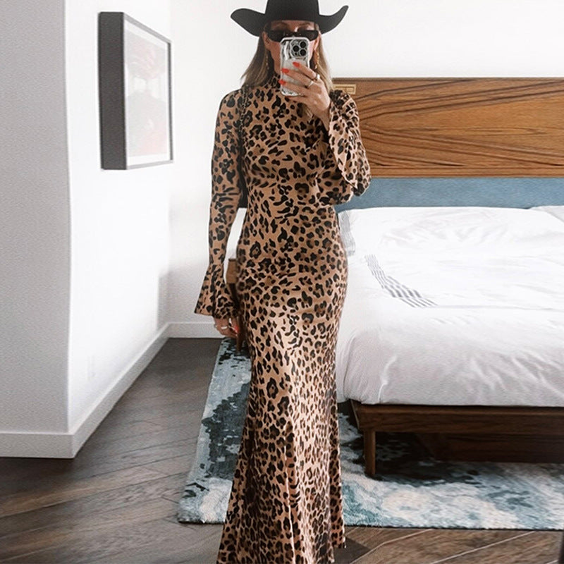 High Collar Long Sleeve Leopard Print Slim Fit Dress