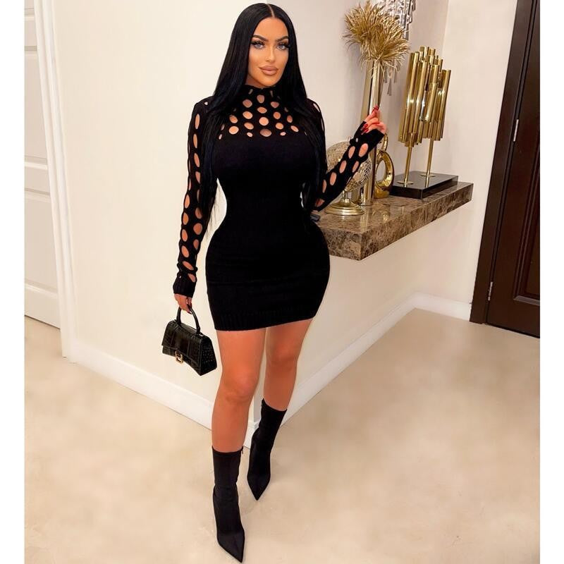 Women Clothing Sexy Knitted Dress Hollow Out Cutout Long Sleeve Tight Woolen Dress  Shop One Place