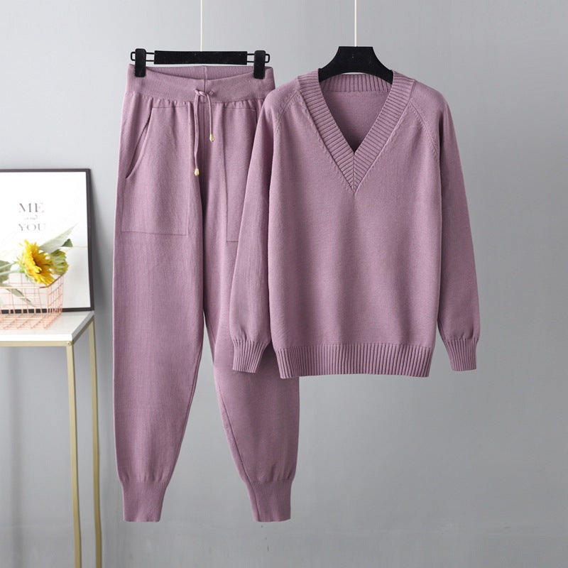 Women's V-Neck Knit Pullover & Harem Pants Set