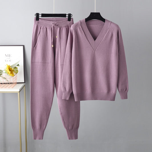 Women's V-Neck Knit Pullover & Harem Pants Set