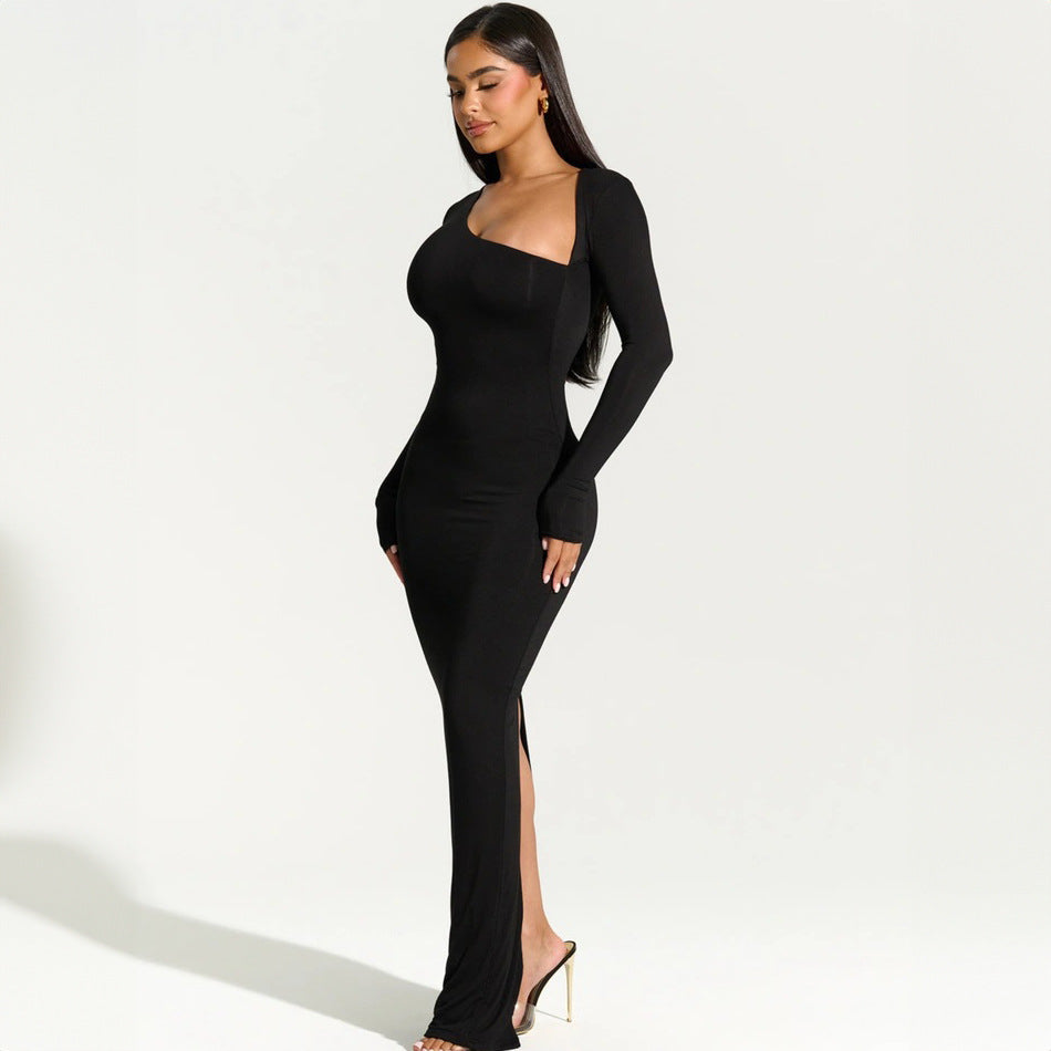 Women's Summer Sexy Slim Fit Slimming Long Sleeves Diagonal Collar Back Slit Dress