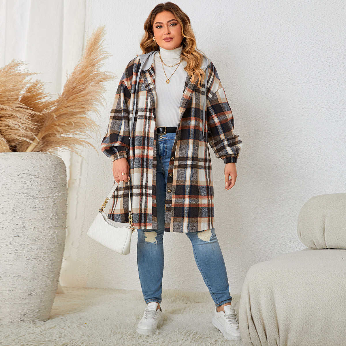 Plus Size Women's Plaid Hooded Mid Length Coat