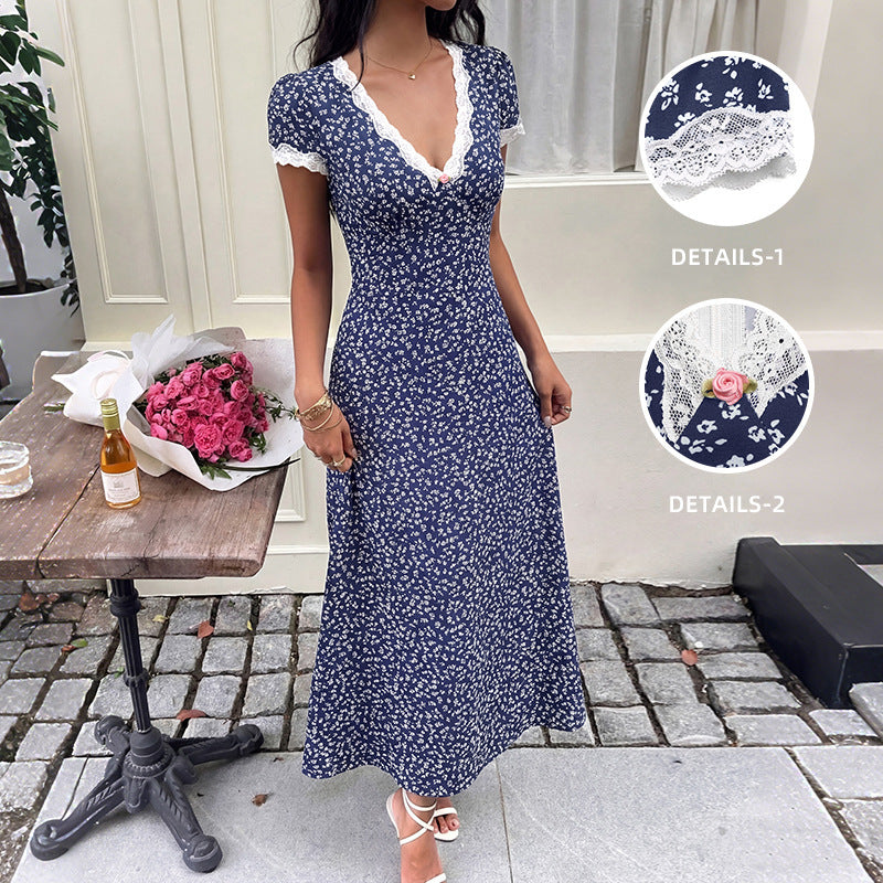Sweet Vacation Lace V neck Patchwork Short Sleeve Floral Dress  Shop One Place