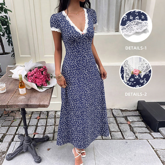 Sweet Vacation Lace V neck Patchwork Short Sleeve Floral Dress  Shop One Place