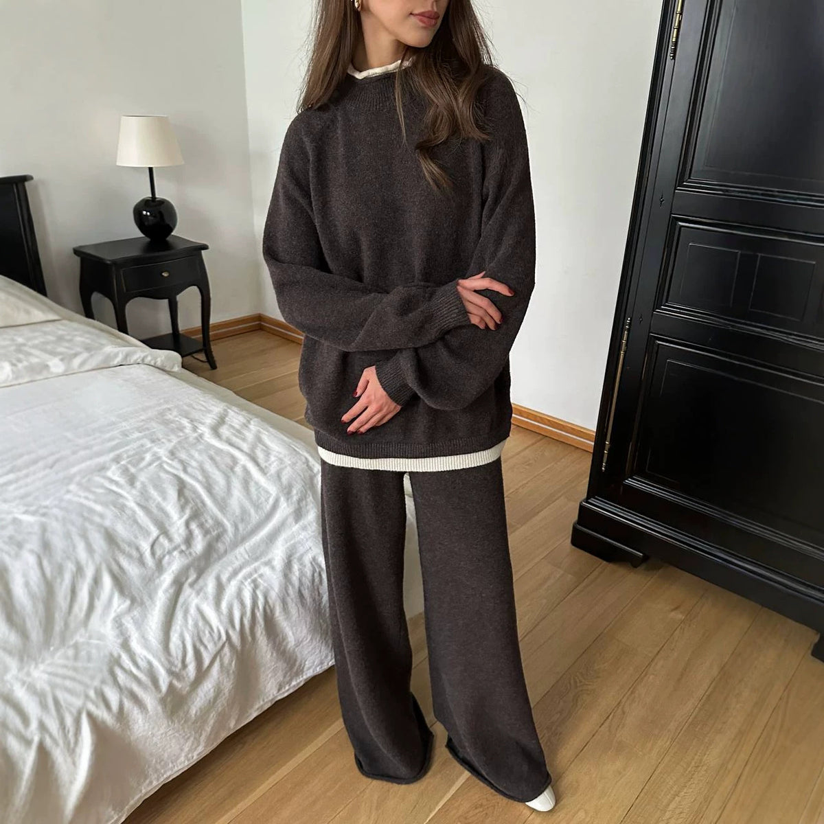 Women's Color Block Knit Sweater & Wide-Leg Pants Set