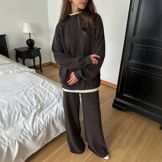 Women's Color Block Knit Sweater & Wide-Leg Pants Set