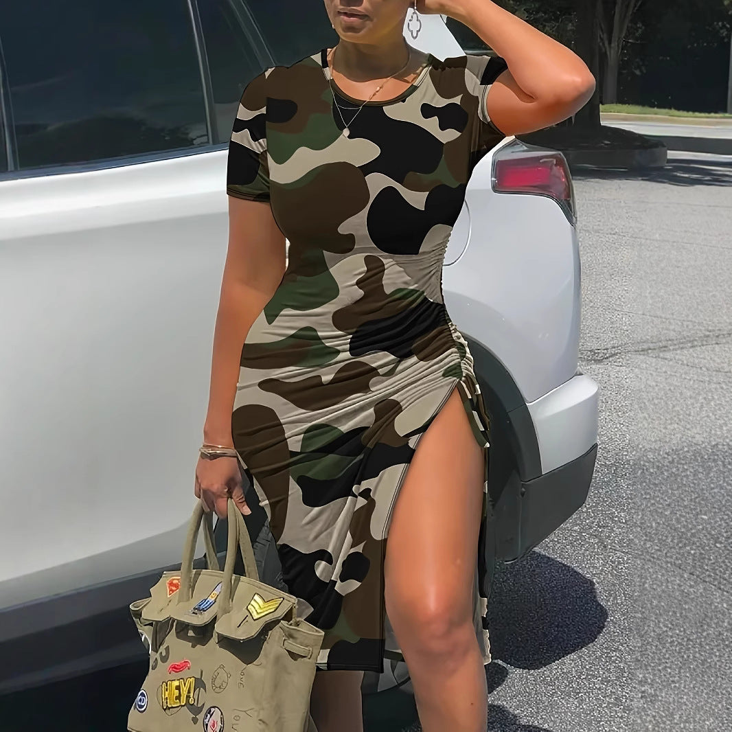 Plus Size Camouflage Printed round Neck Side Pleated High Slit Shoulder Sleeve Dress  Shop One Place