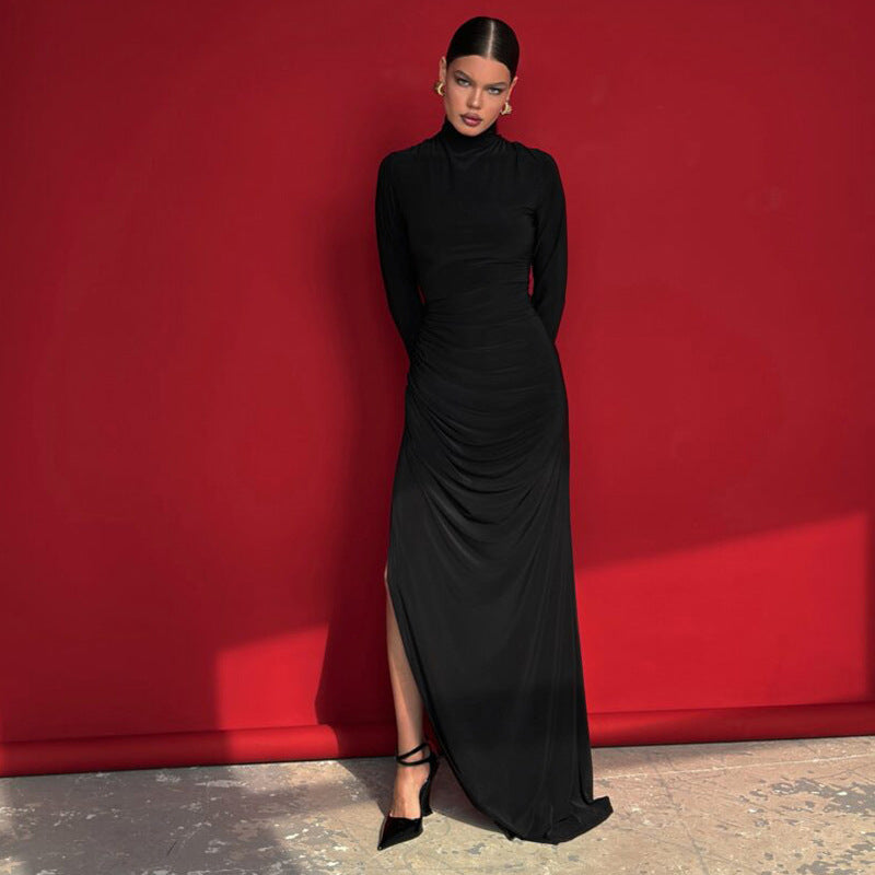 High Collar Slim Fit Long Sleeves High Slit Maxi Dress