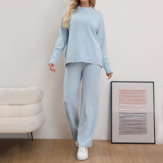 Women's Casual Solid Color Basic Pullover Sweater Knitted Trousers Two-Piece Set