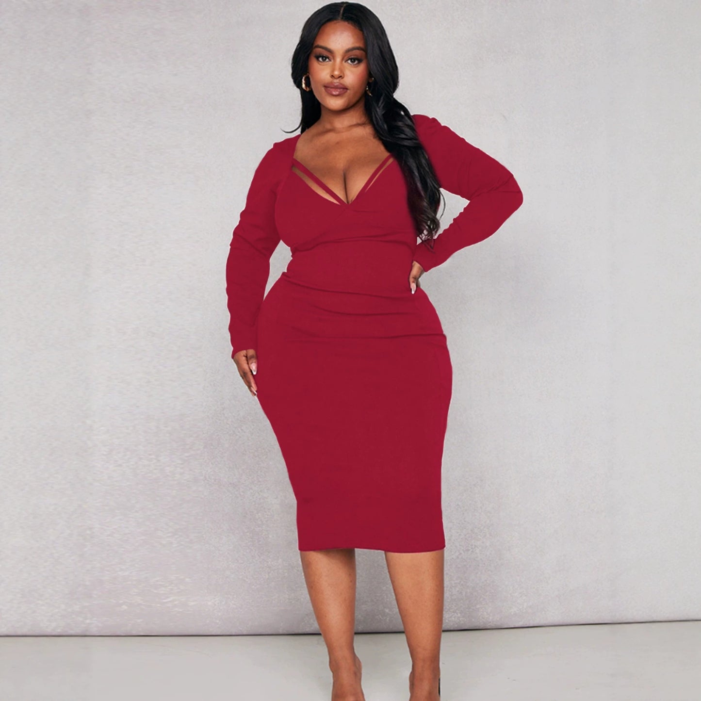 Plus Size Women Clothing Sexy Thin Band V neck Long Sleeve Dress Slim Slimming Hip Wrapped Mid Length Dress  Shop One Place