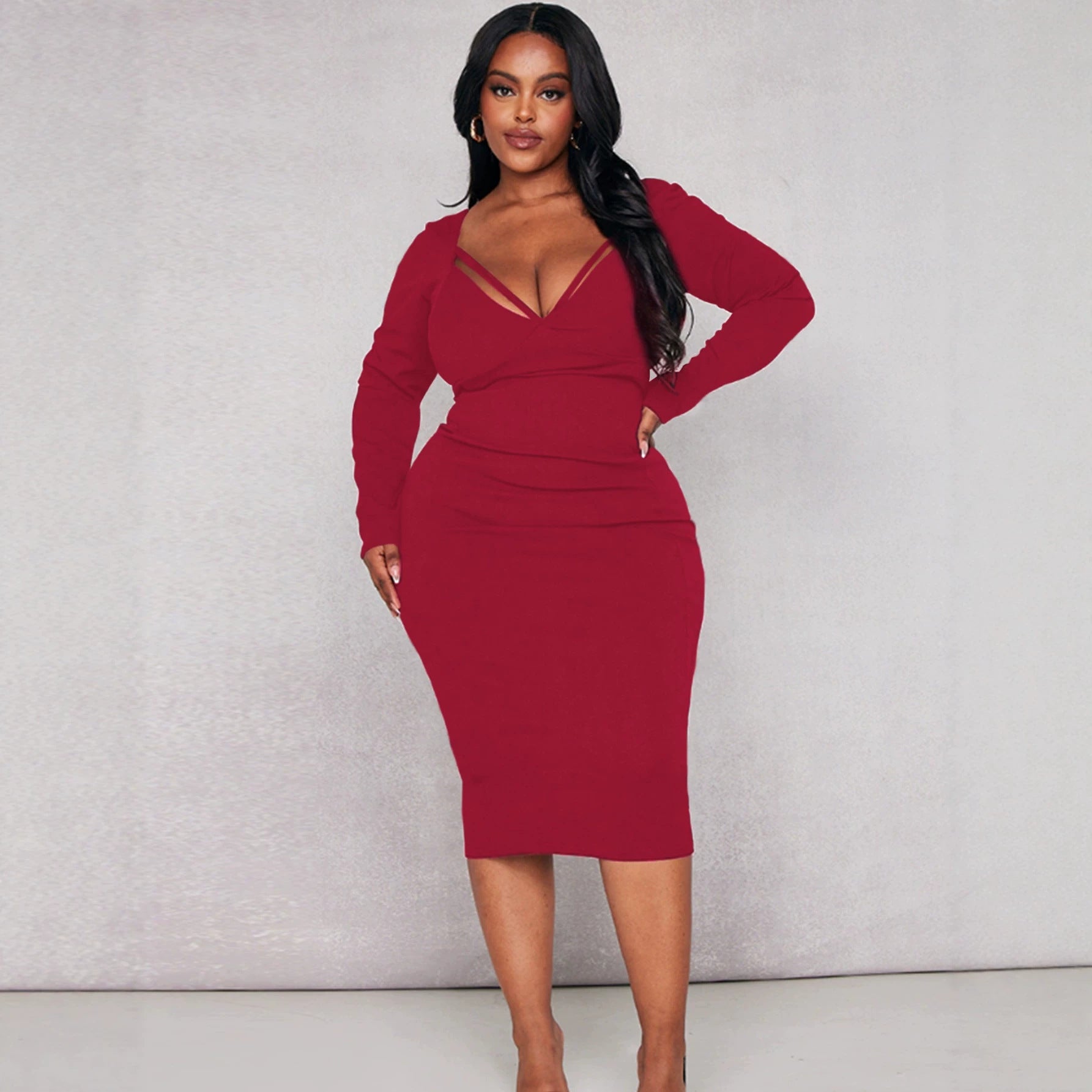Plus Size Women Clothing Sexy Thin Band V neck Long Sleeve Dress Slim Slimming Hip Wrapped Mid Length Dress  Shop One Place