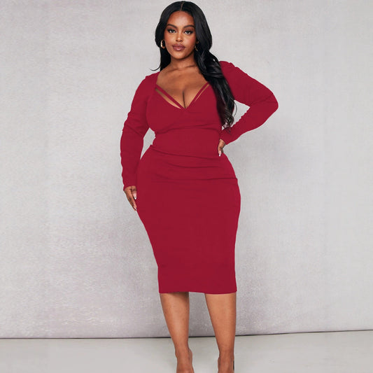 Plus Size Women Clothing Sexy Thin Band V neck Long Sleeve Dress Slim Slimming Hip Wrapped Mid Length Dress  Shop One Place