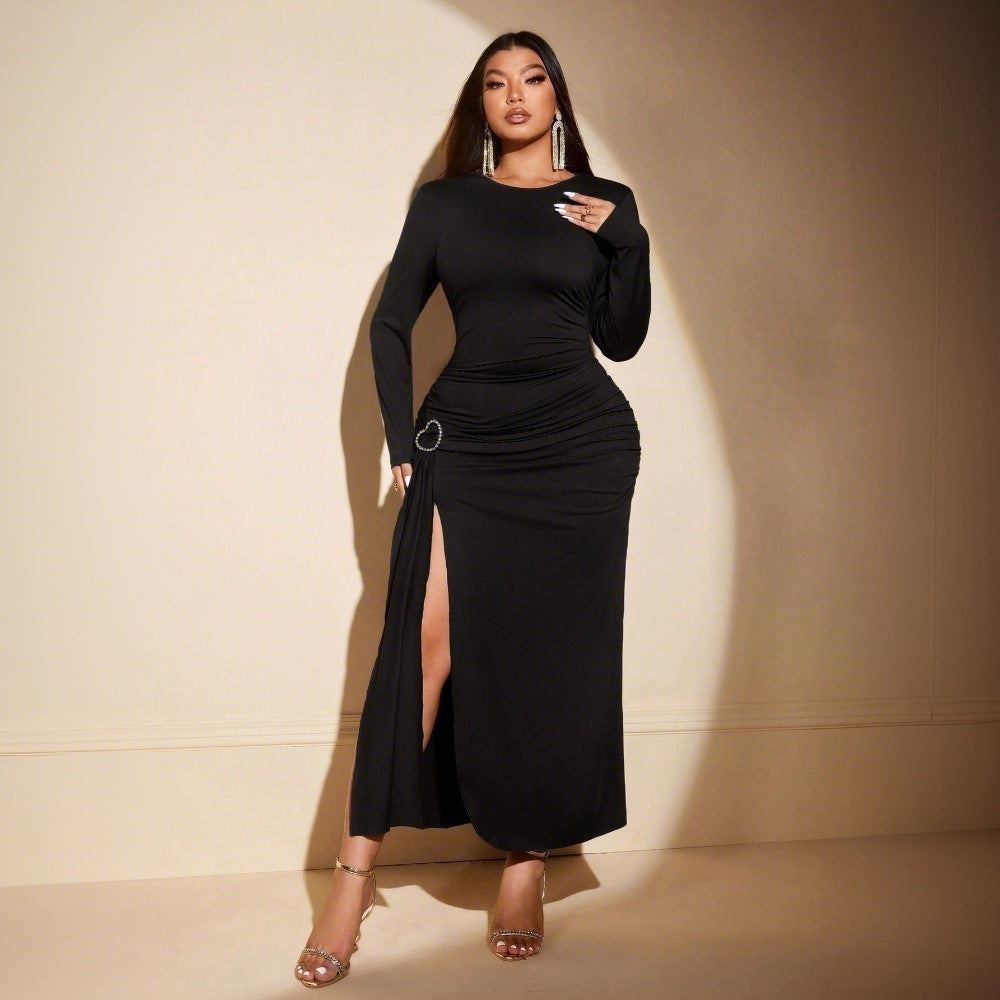 Plus Size Simple Pleated Slim Fit Slit Midi Dress