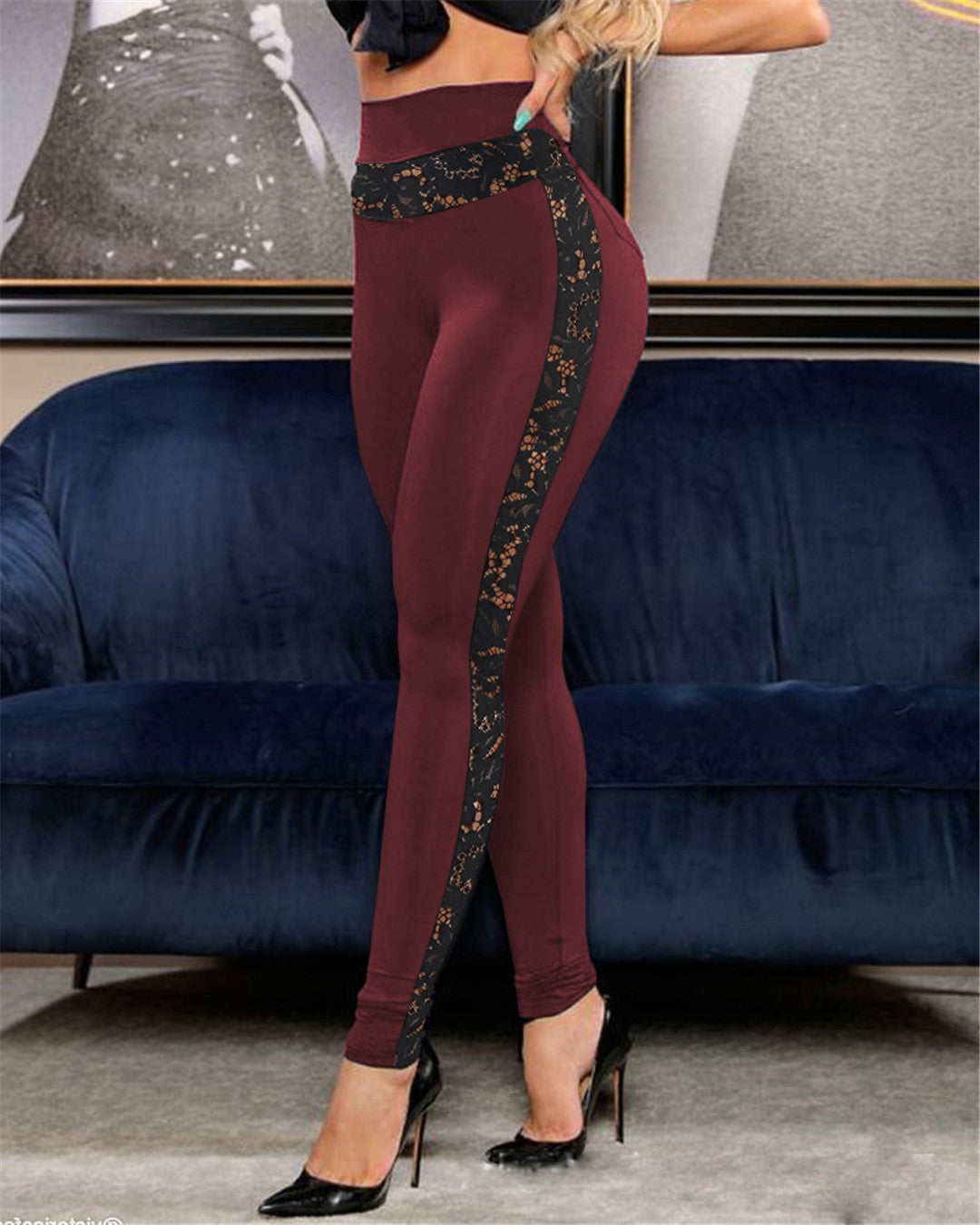 Summer Solid Color Lace Stitching Hip Lifting Sports Pants Yoga Pants Skinny Leggings Women Clothing  Shop One Place