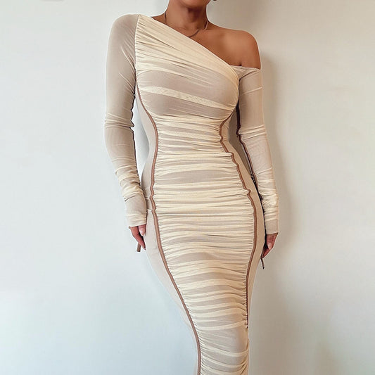 Mesh Stitching One Shoulder Slim Fit Maxi Dress  Shop One Place
