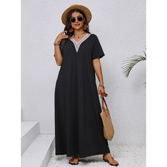 Plus Size V Neck Elegant Black Loose Maxi Dress