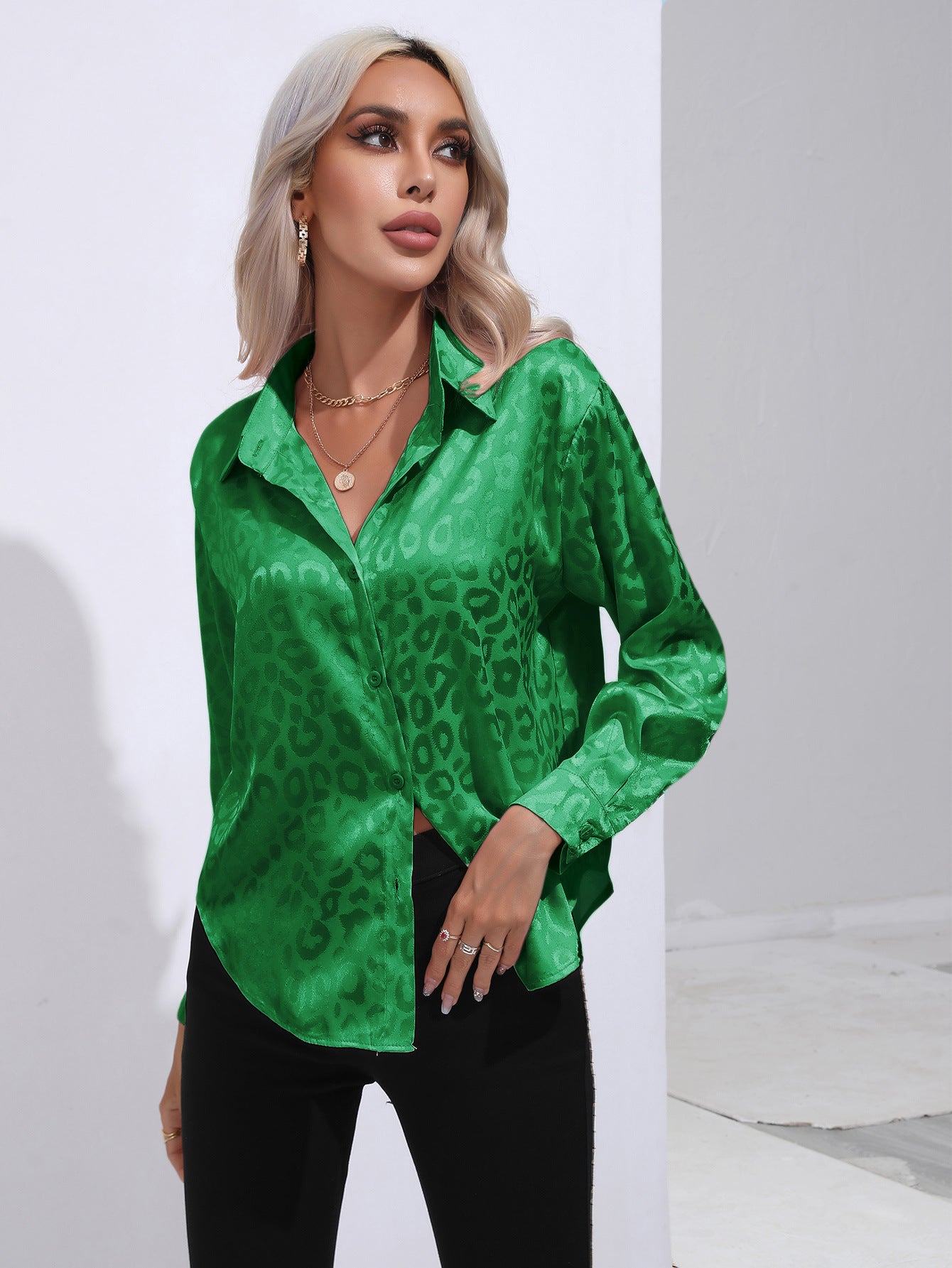 Leopard Print Satin Long Sleeve Shirt