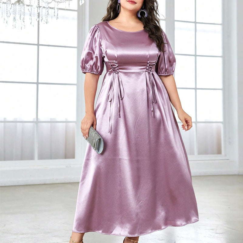 Plus Size Drawstring Waist-Tight Short Sleeve Long Pattern Dress