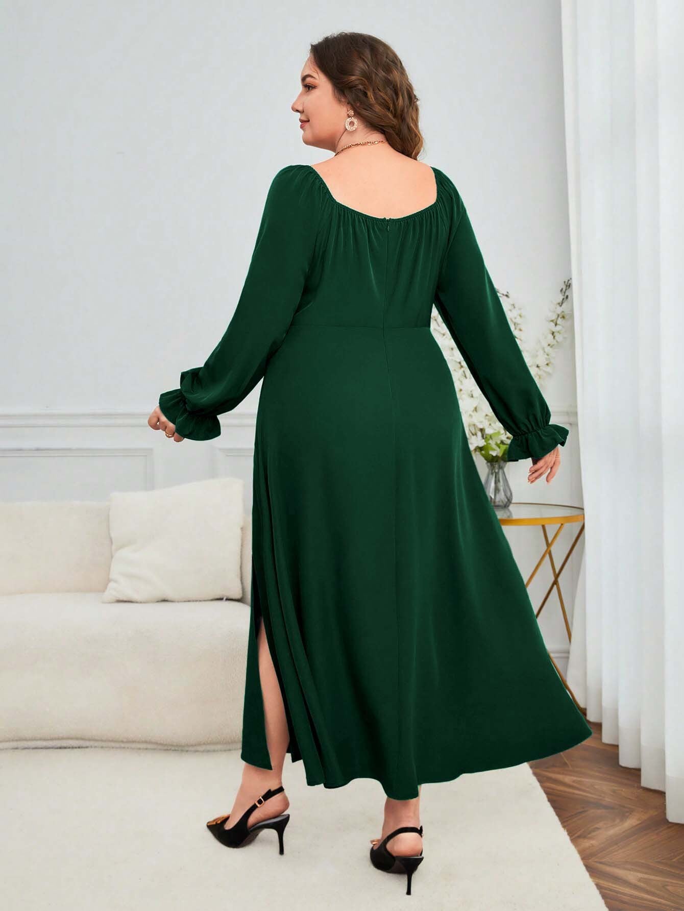 Plus Size French Elegant High Waist Slit Square Collar Midi Dress