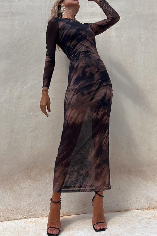 Autumn Mesh Sexy Print Slim Stretch Long Sleeve Dress  Shop One Place