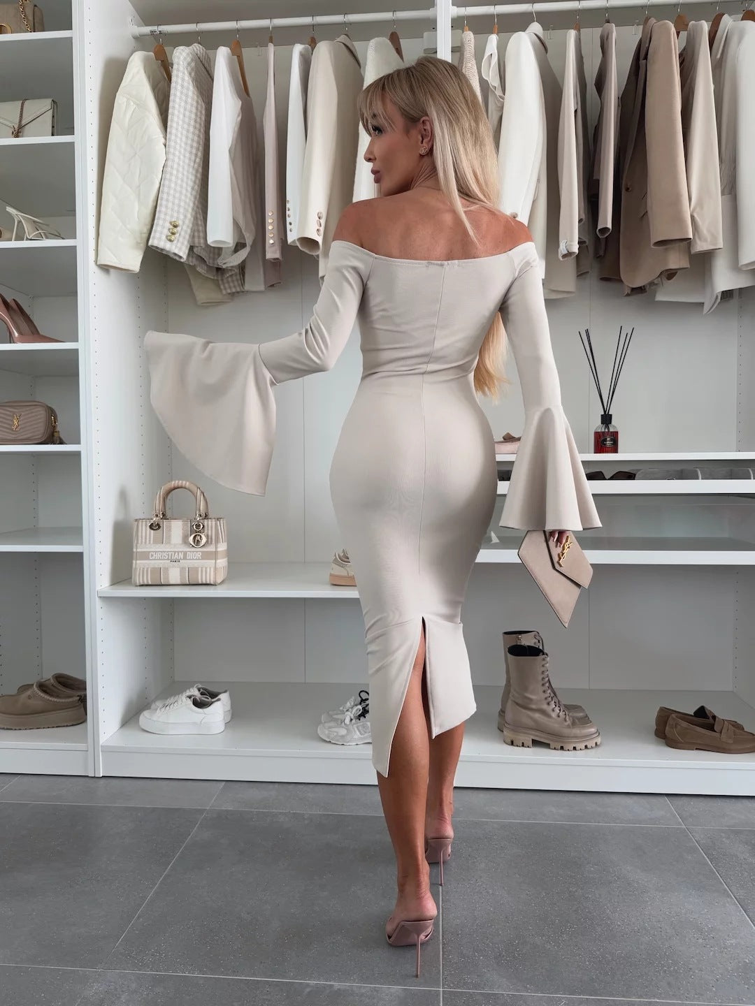 Slim off Shoulder Flared Long Sleeves Dress  Shop One Place