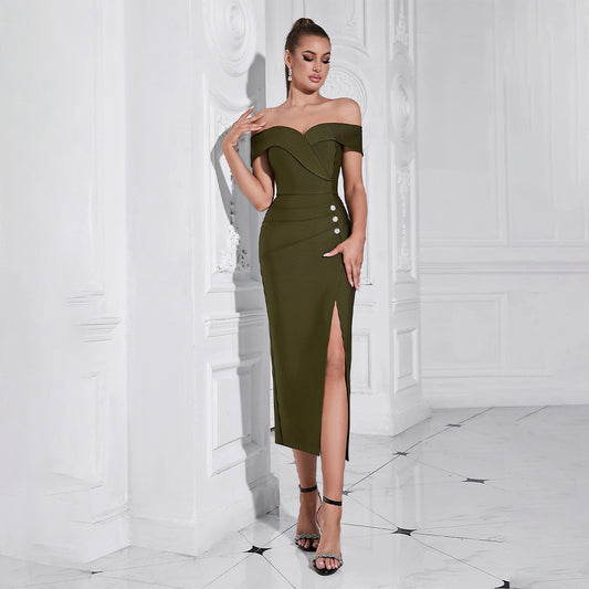 Off Shoulder Tube Top Side Slit Midi Dress