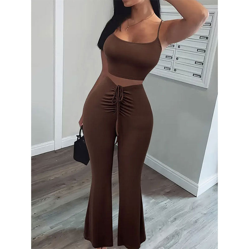 Coffee Two-Piece Set – Ruched Crop Top & Flared Pants  Shop One Place