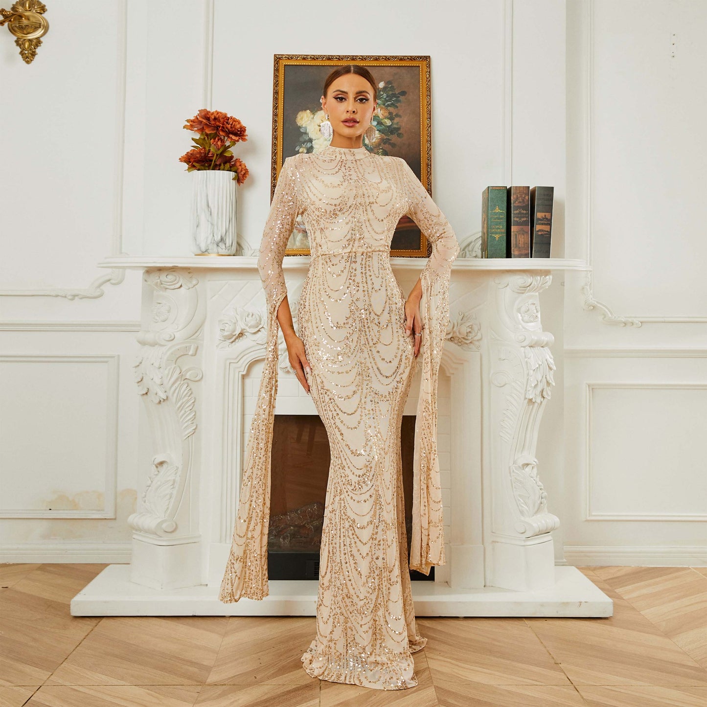 High End Sexy Long Sequined Long Sleeve Round Neck Evening Dress