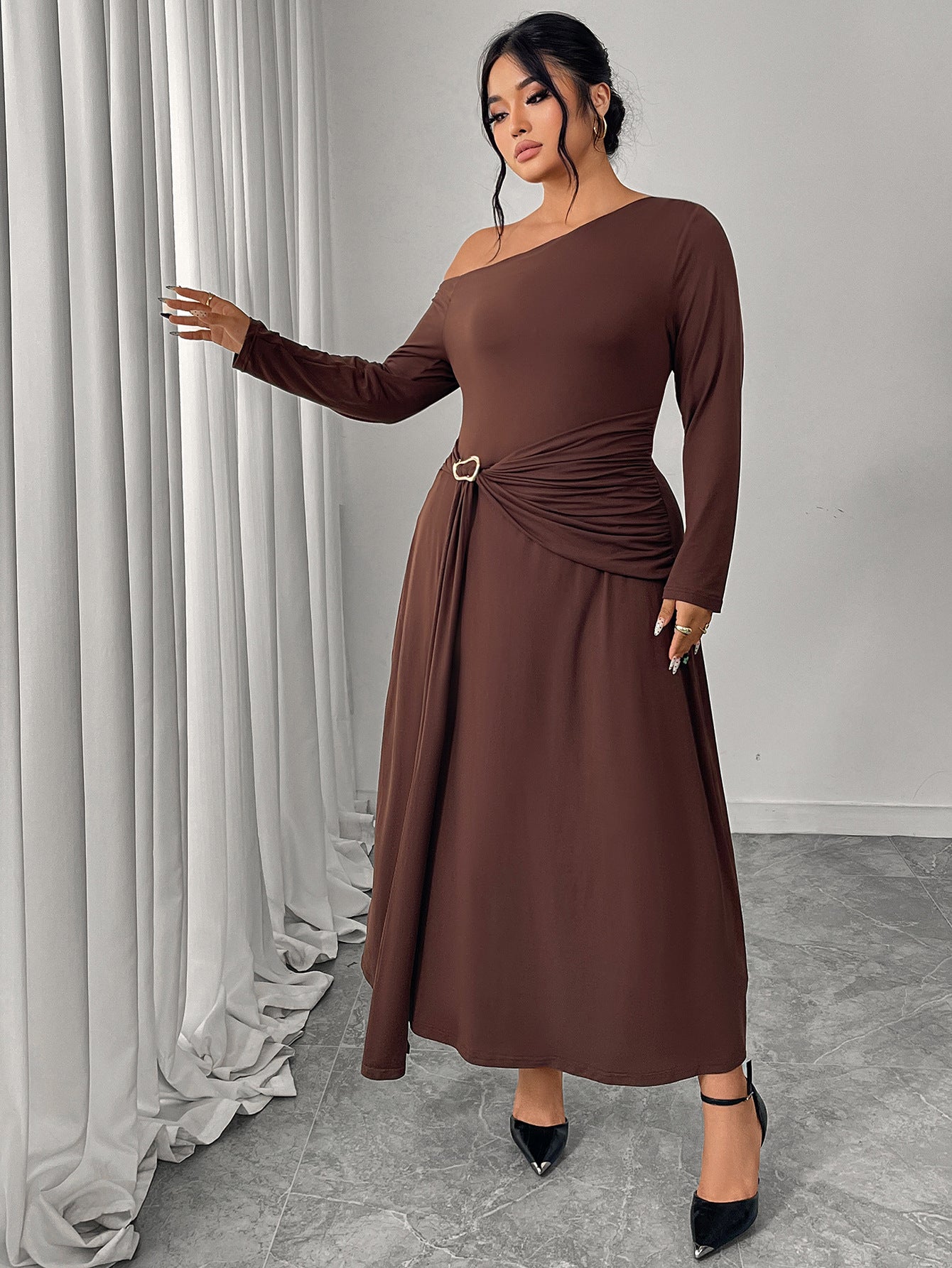 One Shoulder Coffee Maxi Dress with Waist Detail