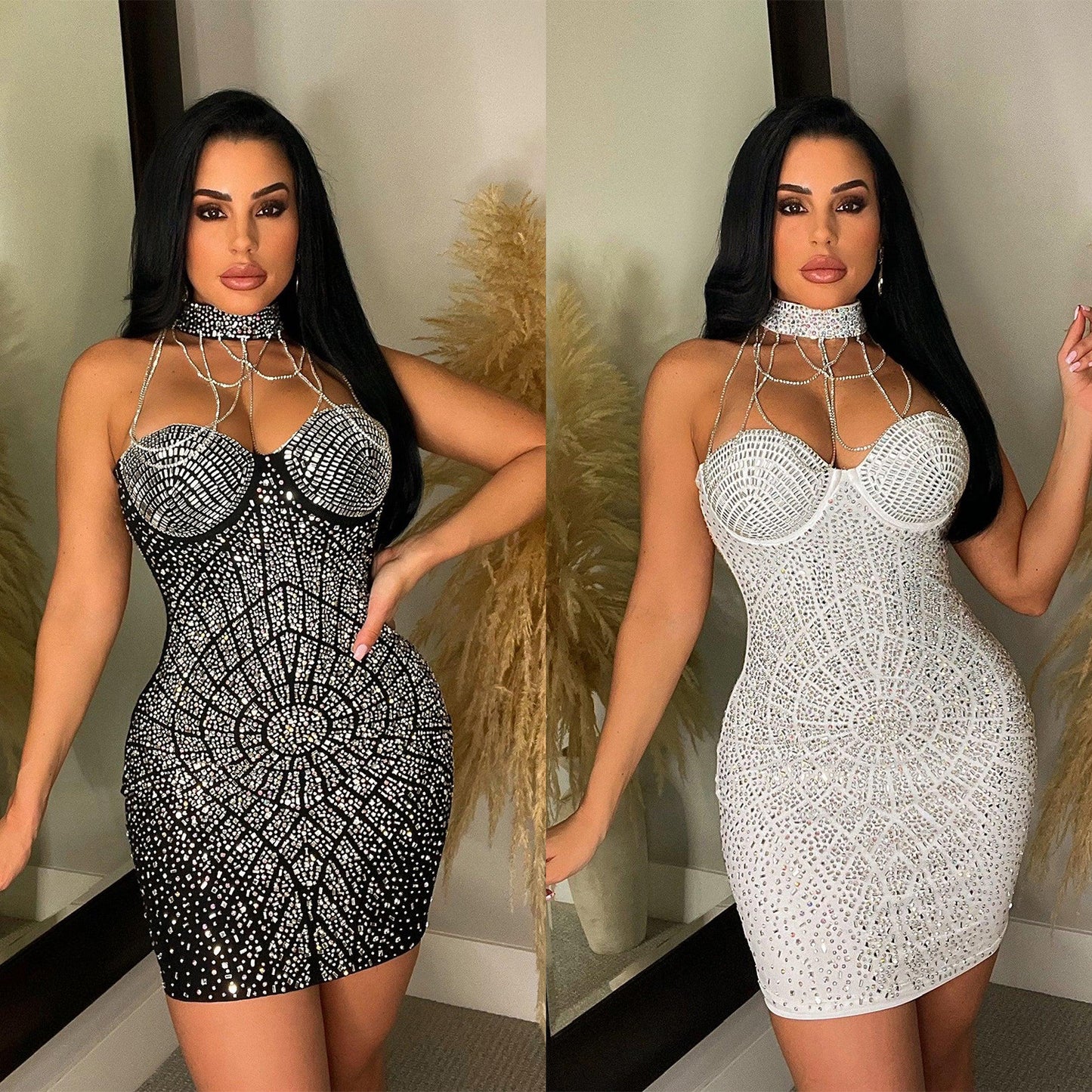 Tight Wrapped Chest Tassel Rhinestone Dress