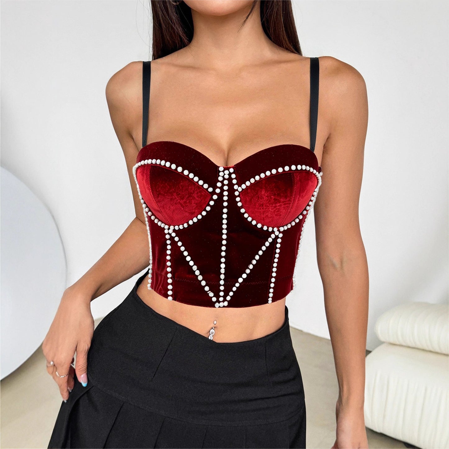 Autumn Winter Velvet Camisole Pearl Fine Velvet Short Boning Corset Bra Fashionable Warm Matching Tube Top Boning Corset Top  Shop One Place