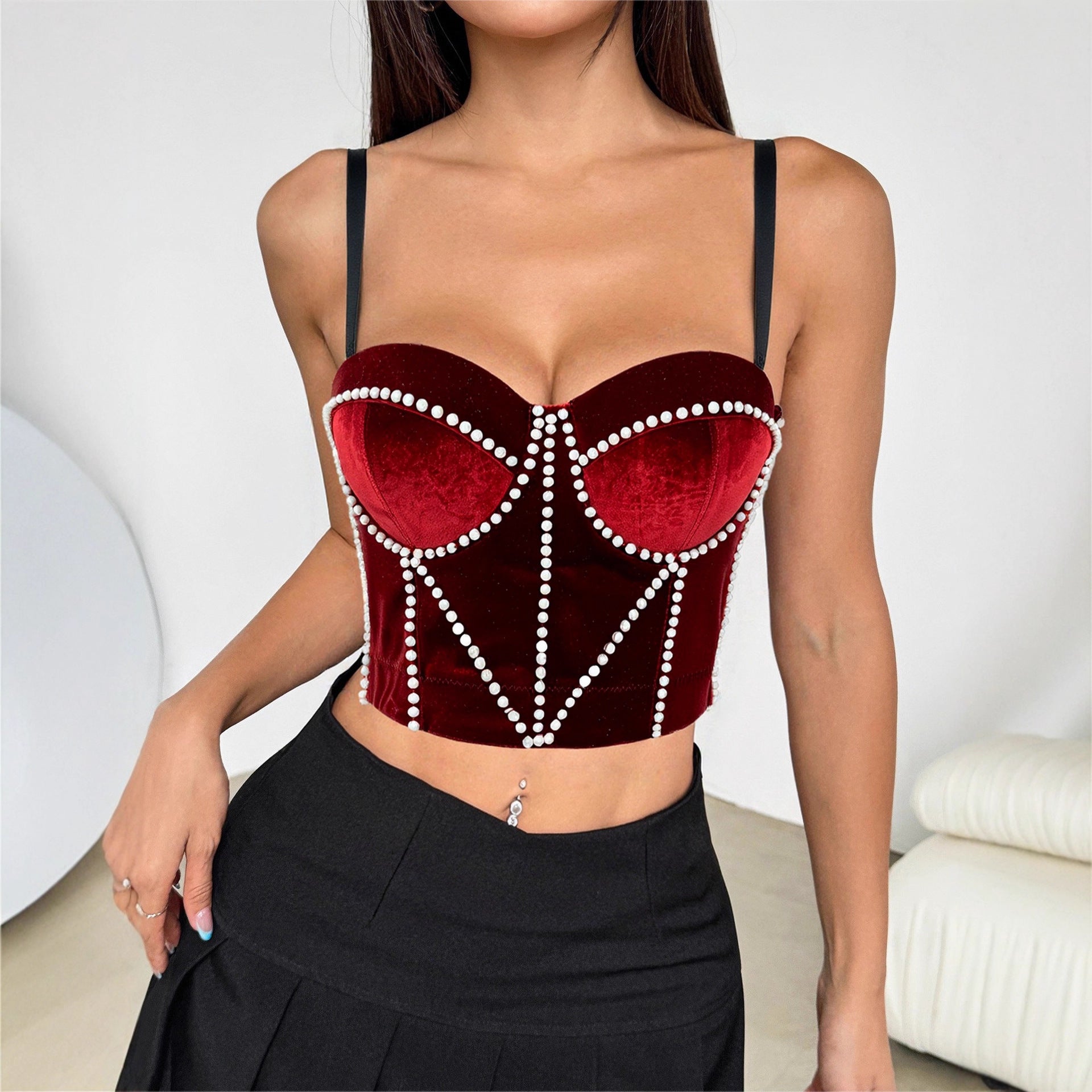 Autumn Winter Velvet Camisole Pearl Fine Velvet Short Boning Corset Bra Fashionable Warm Matching Tube Top Boning Corset Top  Shop One Place