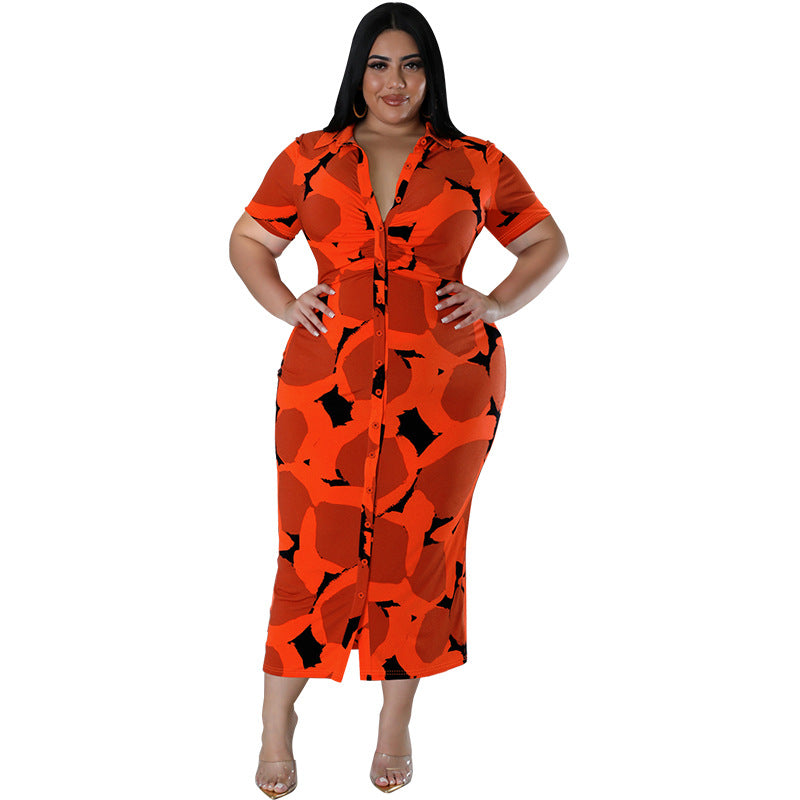 Plus Size Women Button Cardigan Collared Short Sleeve Long Pattern Dress  Shop One Place