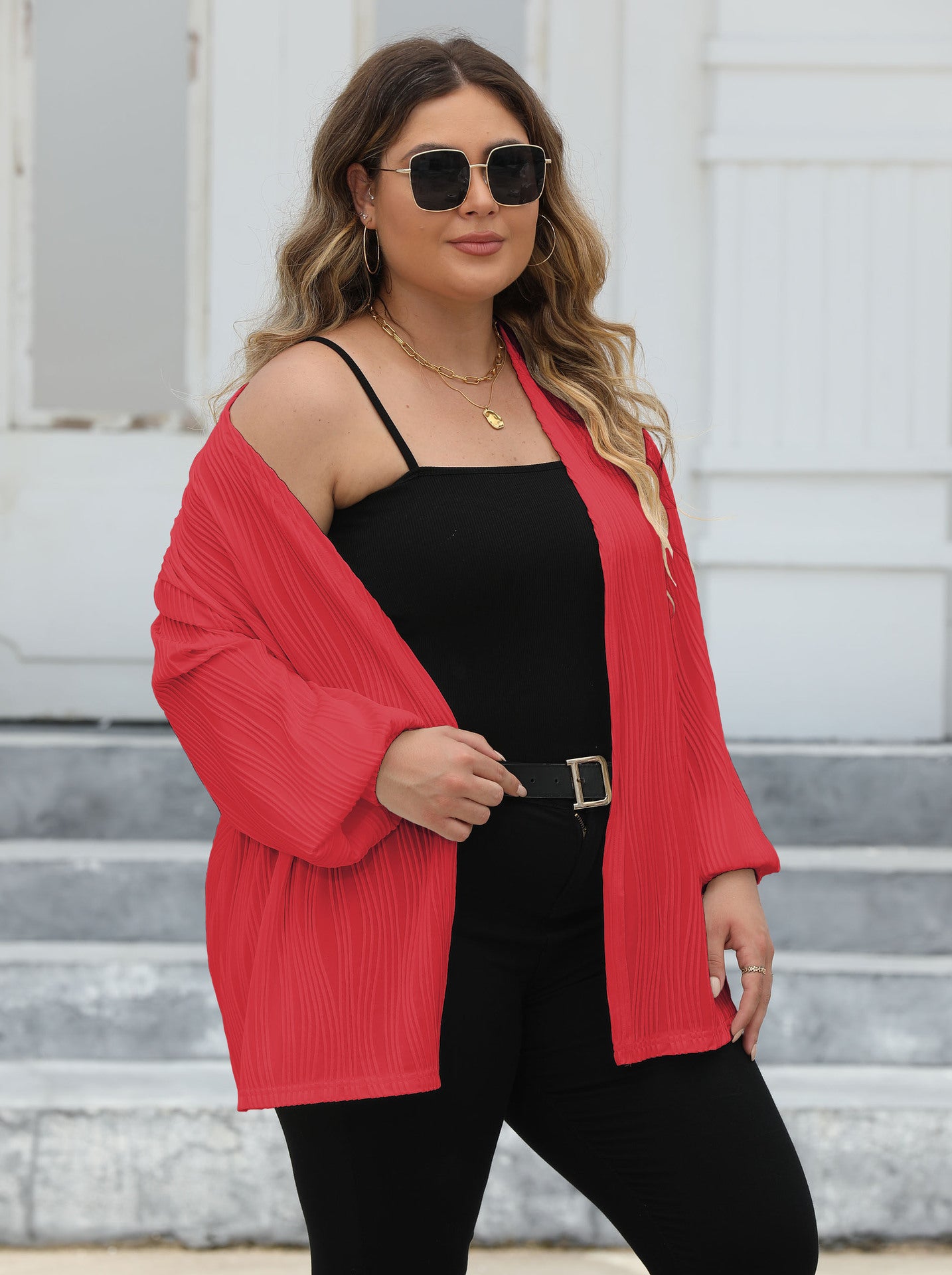 Plus Size Women Wave Striped Casual Loose Cardigan