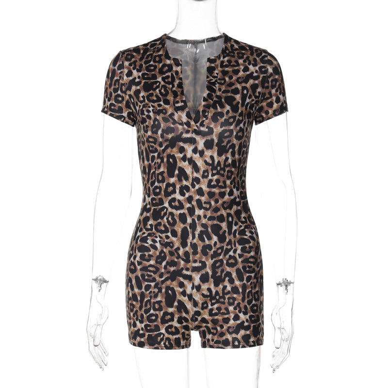 Leopard Print Short Sleeve V Neck Skinny Hip Raise Jumpsuit