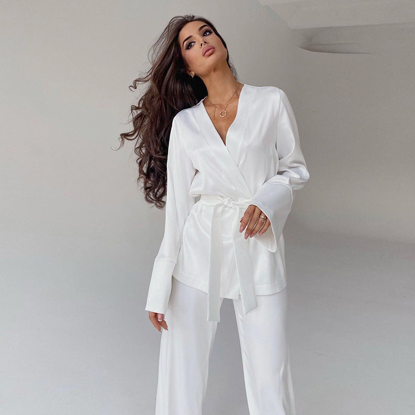 Ice Silk Lace-Up Cardigan Robe Blouse Pajama Set