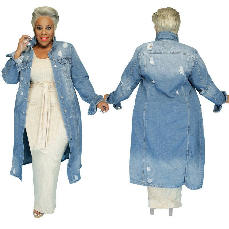 Plus Size Women's Long Ripped Casual Denim Jacket