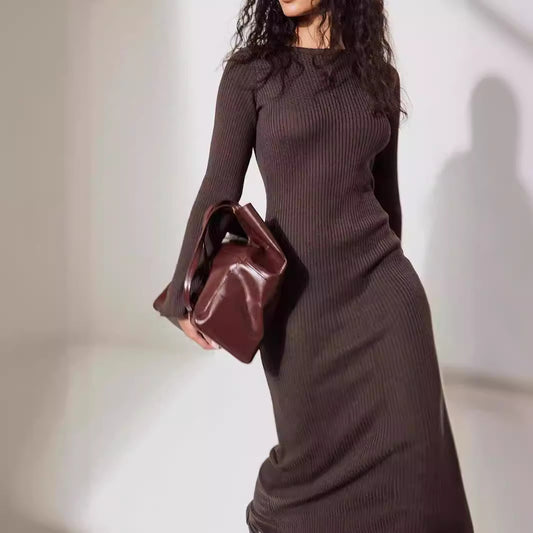 Bell Sleeve Slim Fit Woolen round Neck Knitted Backless Dress  Shop One Place