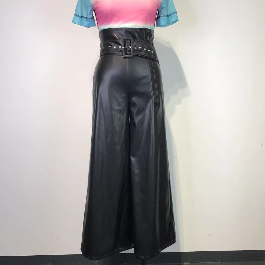 High Waist Faux Leather Wide Leg Pants with Metal Belt
