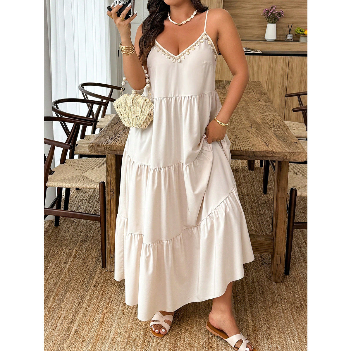 Plus Size Dress Tassel Trim Decoration Dress Travel V neck Strap Loose Tiered Ruffle Maxi Dress  Shop One Place