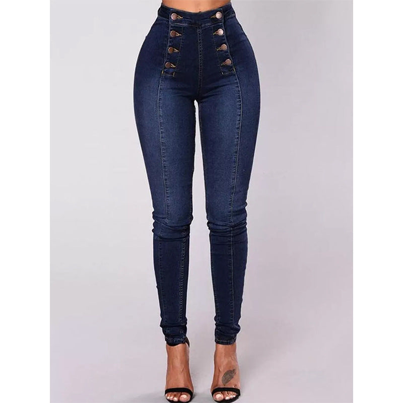 High Waist Double Row Multi Button Slim Stretch Jeans