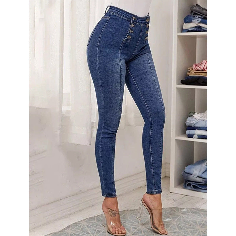 High Waist Double Row Multi Button Slim Stretch Jeans