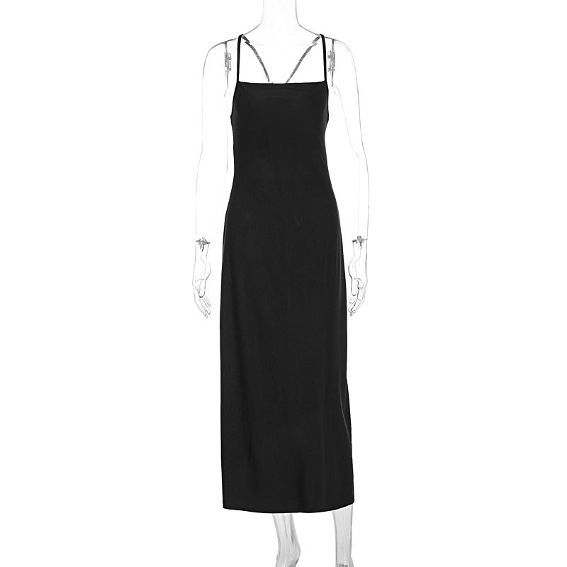 Summer Back Lace up Sleeveless Slim Fit Sexy Pure Black Sheath Cami Dress