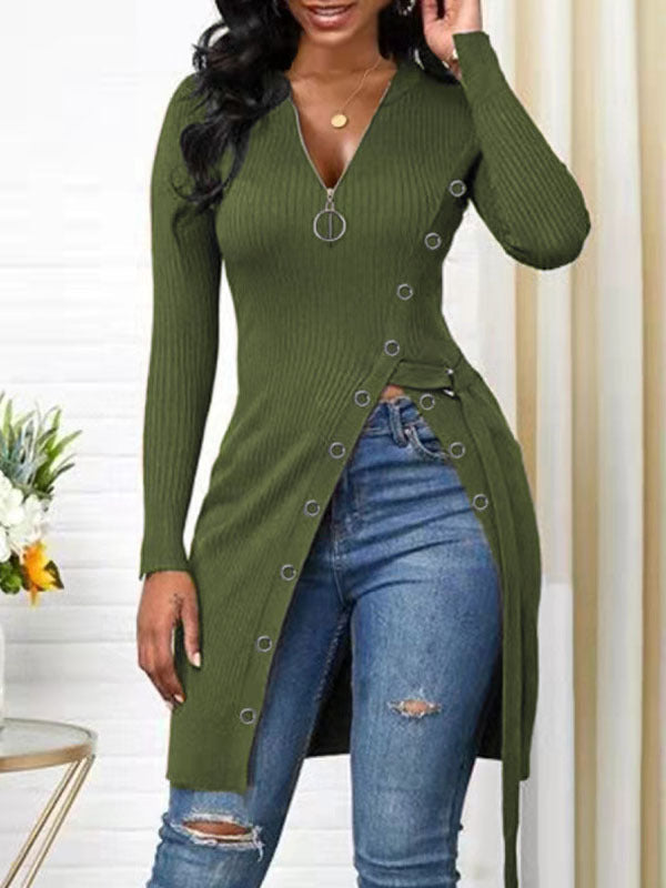 Autumn Winter Women Clothing V-neck Long Sleeve High Slit Thread Zipper T-shirt Top  Shop One Place