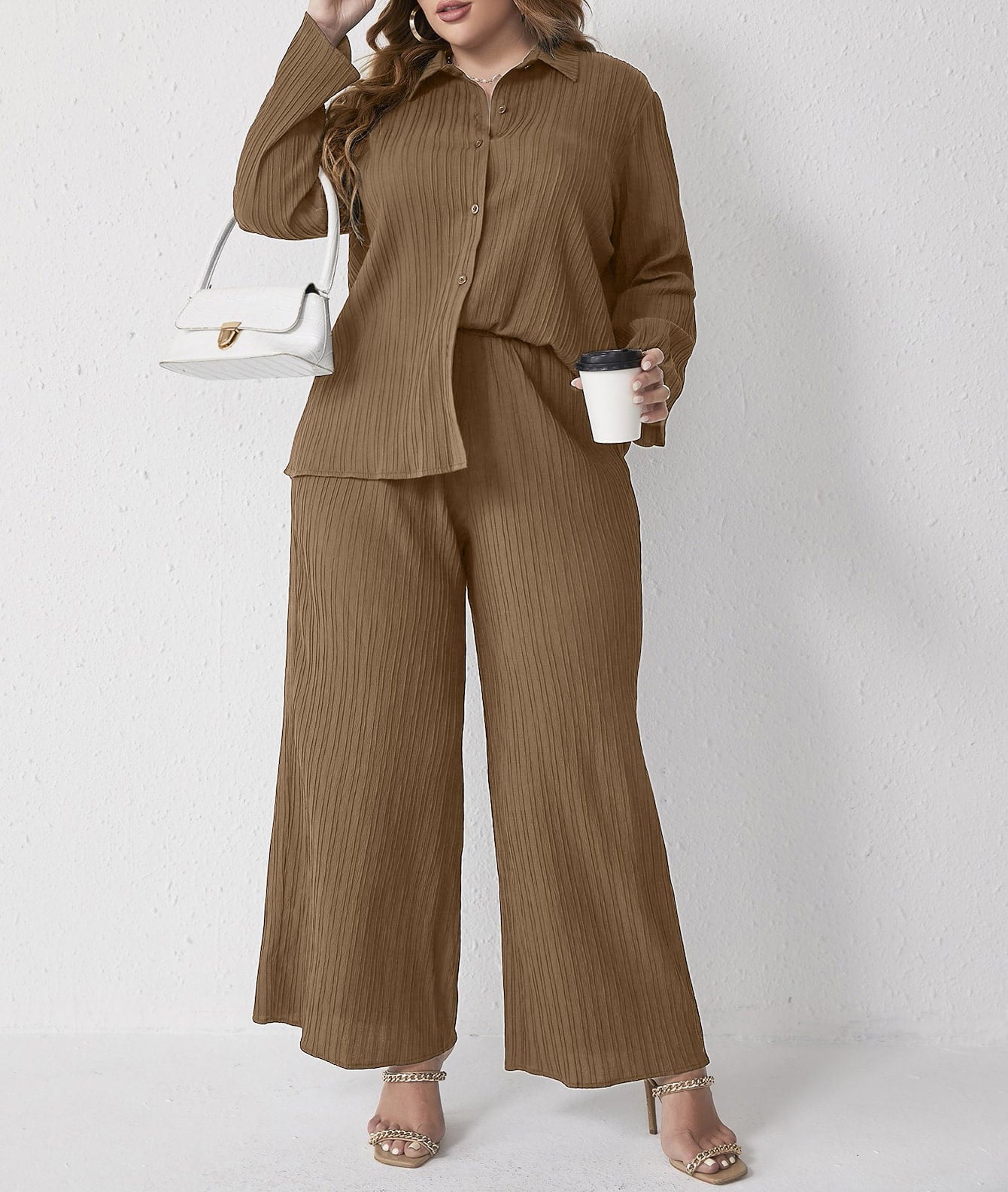 Plus Size Pleated Casual Loose Shirt High Waist Trousers Two Piece Set